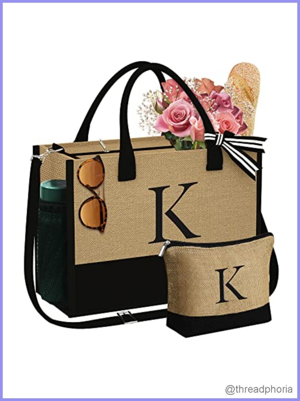 Personalized Jute Tote Bag & Makeup Bag Set with Embroidery Adjustable Strap